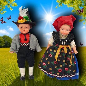 Vintage Celluloid International Dolls Pair German Folk Costume Boy Girl Set Doll